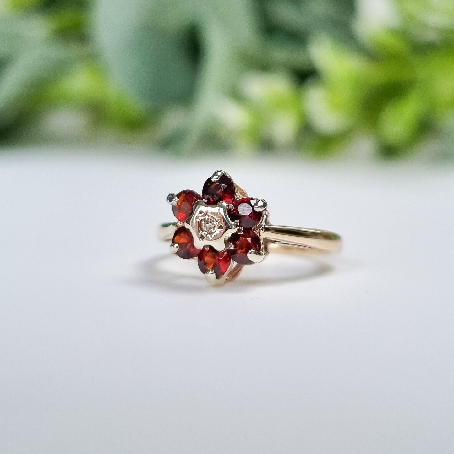 Vintage 9ct Yellow Gold Garnet and Diamond Flower Cluster Ring