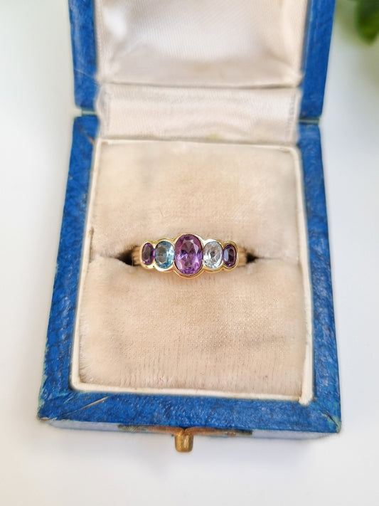 Vintage 9ct Yellow Gold Amethyst and Blue Topaz Ring