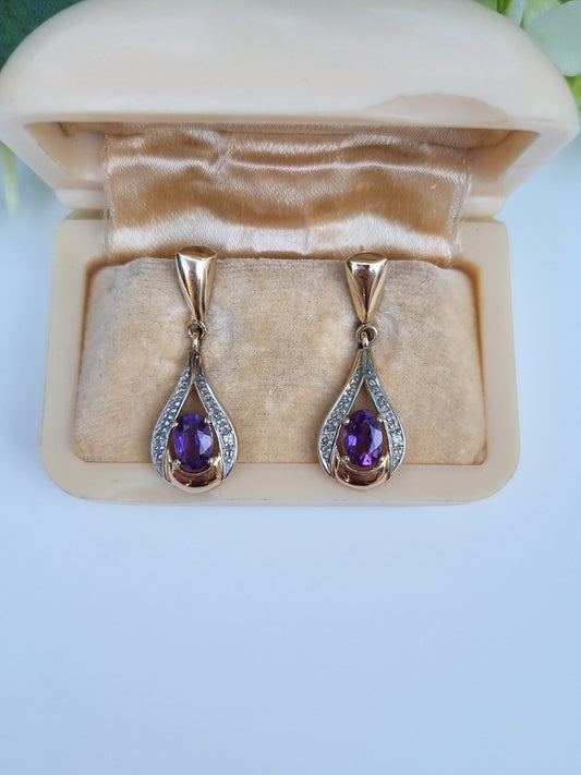 Vintage 9ct Yellow Gold Amethyst and Diamond Dangly Earrings