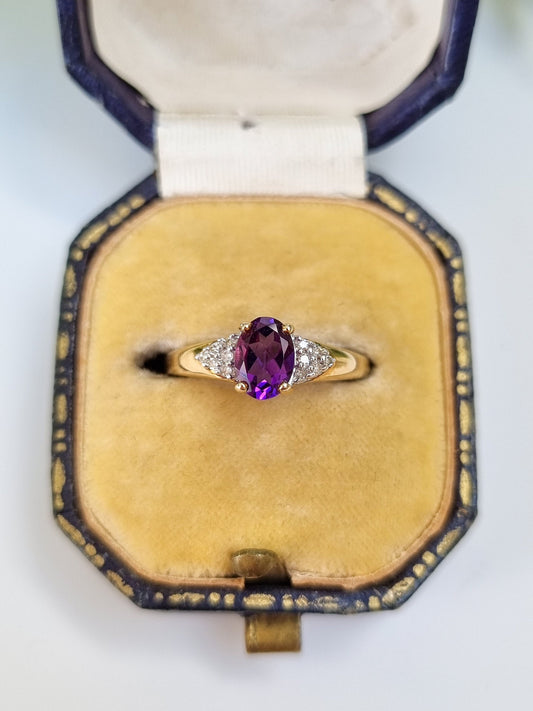 Vintage 9ct Yellow Gold Amethyst and Diamond Ring