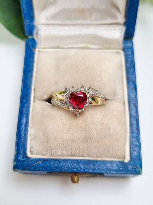 Vintage 9ct Yellow Gold Ruby and Diamond Heart Statement Ring