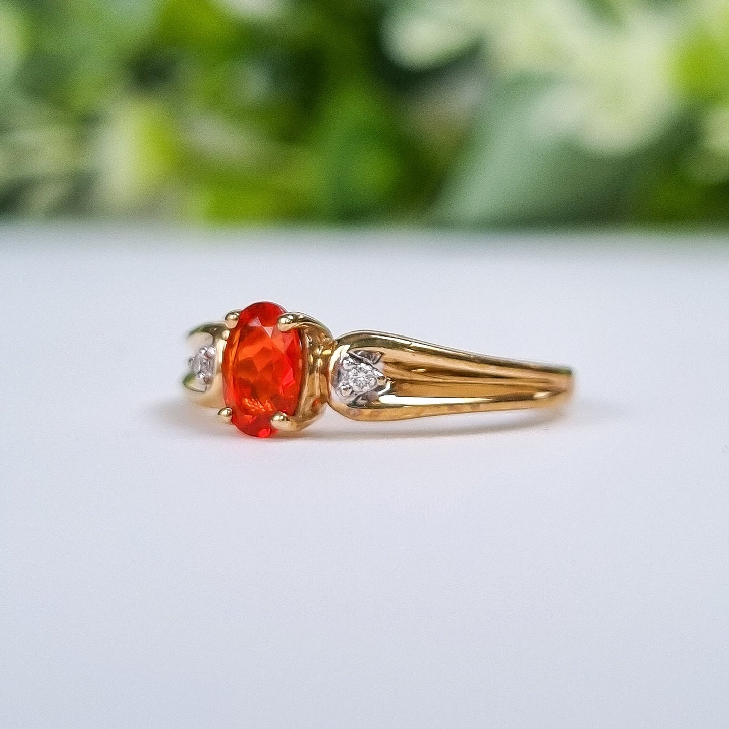 Vintage 9ct Yellow Gold Fire Opal and Diamond Solitaire Ring