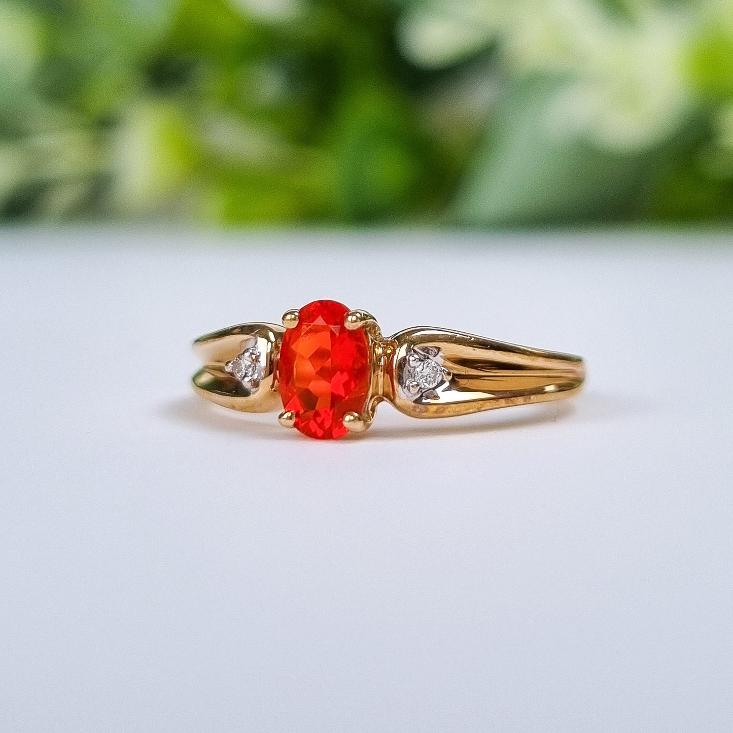 Vintage 9ct Yellow Gold Fire Opal and Diamond Solitaire Ring