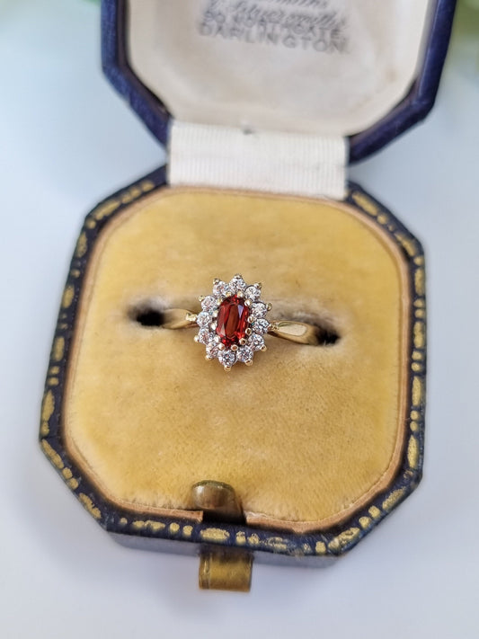 Vintage 9ct Yellow Gold Garnet and Cubic Zirconia Cluster Ring