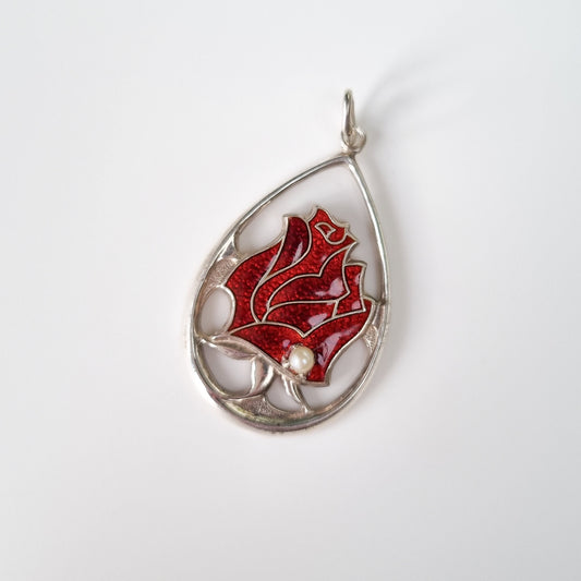 Vintage Silver Enamel Rose Year of the Rose Pendant 1976