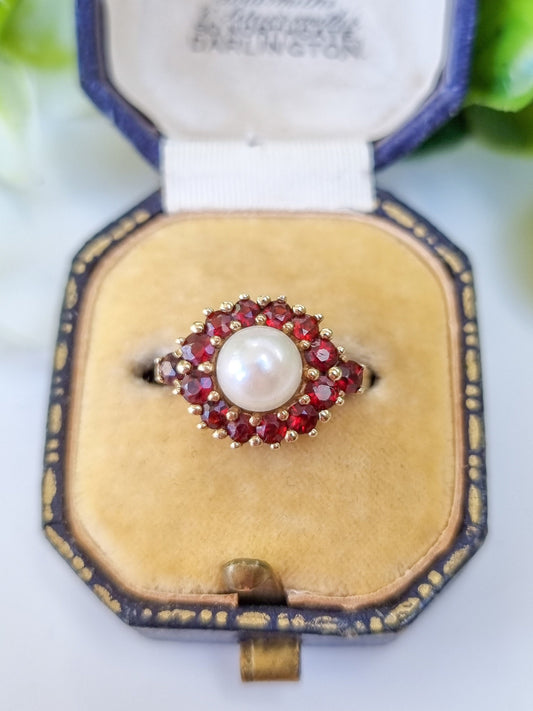 Vintage 9ct Yellow Gold Pearl and Garnet Statement Ring