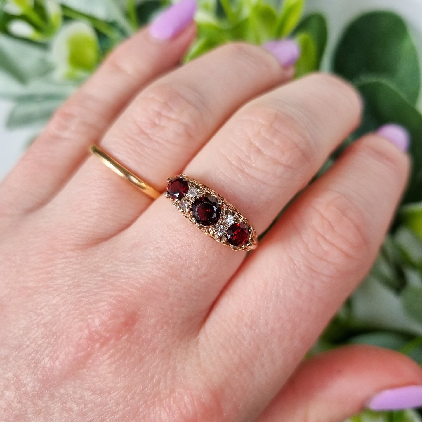 Vintage 9ct Yellow Gold Garnet and White Topaz Ring