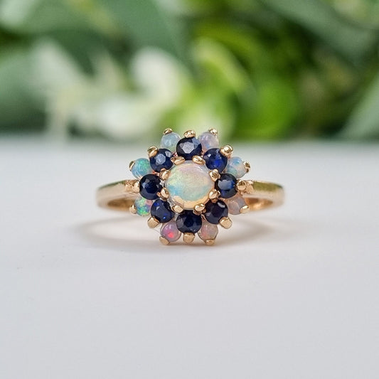 Vintage 9ct Yellow Gold Opal and Sapphire Cluster Ring