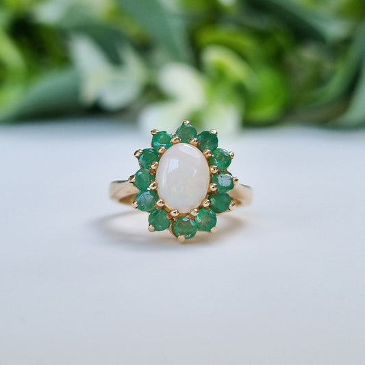 Vintage 9ct Yellow Gold Opal and Emerald Cluster Ring